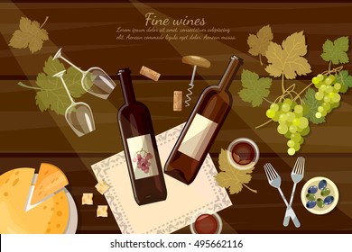 Wine and cheese tasting top view wine bottle and grapes on wooden table wine cartoon vector illustration