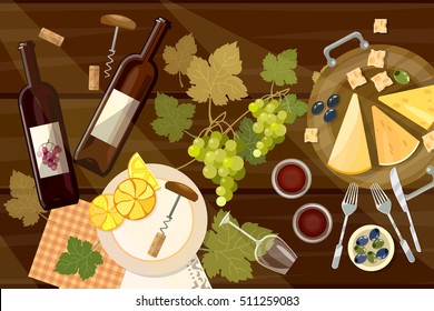 Wine And Cheese Tasting  Top View Wine Bottle And Grapes On Wooden Table Wine Cartoon Vector Illustration 