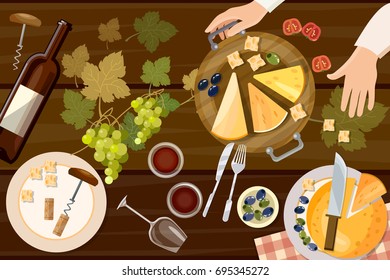 Wine and cheese tasting top view wine bottle and grapes on wooden table vector illustration. Served table for romantic dinner. Tasting of wine and cheese 