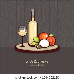 Wine and cheese vector illustration. Bottle and glass of white wine with mozzarella cheese, tomato, basil and black olives on wood background. Gourmet food collection.