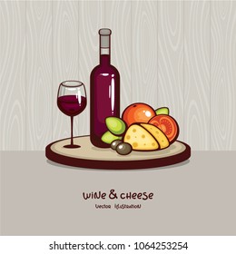 Wine and cheese vector illustration. Bottle and glass of red wine with cheese, tomato, basil and black olives on wood background. Gourmet food collection.