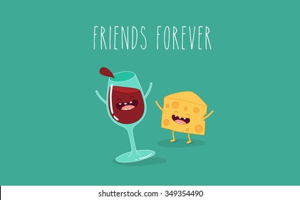Wine, cheese vector illustration. Vector cartoon. Friends forever. Comic characters. Use for card, poster, banner, web design and print on t-shirt. Easy to edit. svg