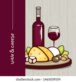Wine and cheese vector illustration. Glass and bottle of red wine with cheese plate on light wood background. Gourmet food collection.