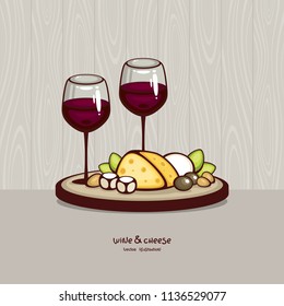 Wine and cheese vector illustration. Glasses of red wine with cheese plate on light wood background. Gourmet food collection.