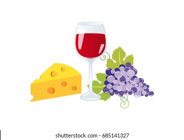 Wine and cheese vector. Wine on a white background. Still life with wine, grapes and cheese