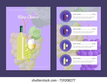 Wine choice with bottle and grapes icons and menu card with titles, additional information and prices vector illustration isolated on purple