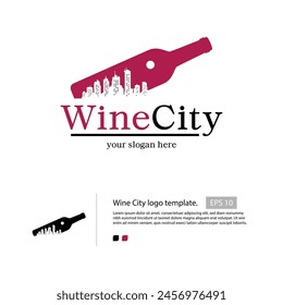 Wine city logo template with cityscape silhouette that shaped by wine bottle silhouette that suitable for your bar or wine company logo.