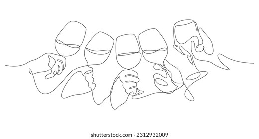 wine clinking celebratory toast concept hands holding and wine glasses in one line drawing vector illustration