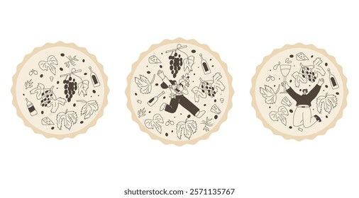 Wine club emblem set. Woman with wine bottle on round stamp. Tasting event circular perforated edges label. Party with alcohol drinks. Person visit a winery. Vector hand drawn doodle illustration.