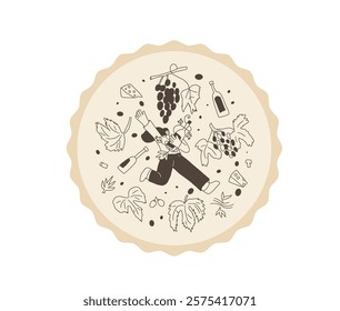 Wine club emblem. Woman with wine bottle on round stamp. Tasting event circular perforated edges label. Party with alcohol drinks. Person visit a winery. Vector hand drawn doodle illustration.