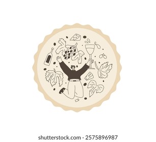 Wine club emblem. Woman with wine bottle on round stamp. Tasting event circular perforated edges label. Party with alcohol drinks. Person visit a vineyard. Vector hand drawn doodle illustration.