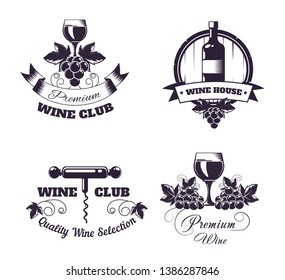 Plantillas de logotipo de la casa club de vinos o conjunto de etiquetas de la tienda de la barra de viñedos. Botella de vino aislada de vectores y abrebotes de madera, abrebotes de vidrio y de corcho, vintage de vid de uva con cinta y estrellas de primera calidad