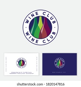 Wine club logo. Some color bottles into circle with letters. Enoteca logo. Business card. Delivery.