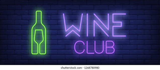 Wine club neon text with bottle and glass silhouettes. Winery and bar advertisement design. Night bright neon sign, colorful billboard, light banner. Vector illustration in neon style.