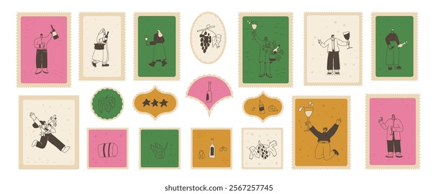 Wine club on postal stamps set. Tasting event square zigzag edges emblem. Party with alcohol drinks.People with wineglasses and bottles visit a vineyard. Vector hand drawn doodle illustration.