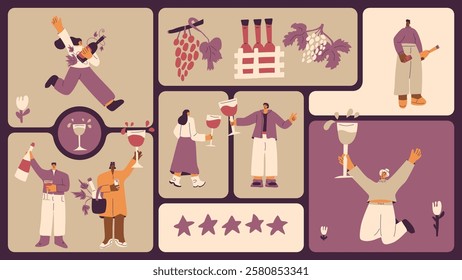 Wine club. People tasting beverages on bento grid box background. Rating event on modular mosaic grid. Party with alcohol drinks. Women and men with wineglasses visit a vineyard. Vector illustration.