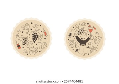 Wine club and vineyard emblem. Woman with wine bottle on round stamp. Tasting event circular perforated edges label. Party with alcohol drinks. Person visit a winery. Vector hand drawn illustration.