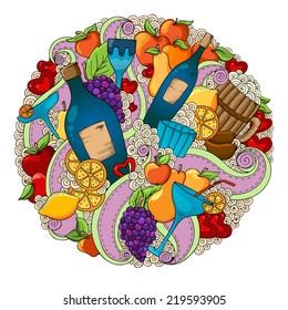 Wine and cocktail background. Holiday pattern with love hearts, wine, grapes, apples, pears, lemon, bear and sausages. Colorful holiday background with place for your text.