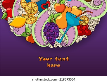 Wine and cocktail background. Holiday pattern with love hearts, wine, grapes, apples, pears, lemon, bear and sausages. Colorful holiday background with place for your text.
