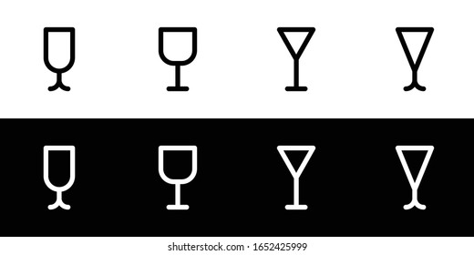 Wine and cocktail glass icon set. Flat design icon collection isolated on black and white background.