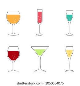 Wine and cocktail glasses collection. Vector illustration in flat style