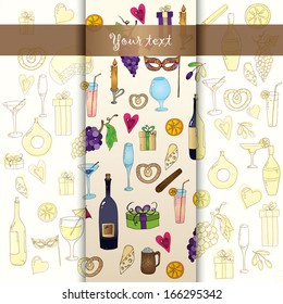 Wine and cocktail seamless background. Holiday pattern with love hearts, wine, grapes, chees, bear and gifts. Colored version.