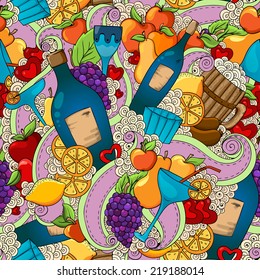 Wine and cocktail seamless background. Holiday pattern with love hearts, wine, grapes, apples, pears, lemon, bear and sausages. Colorful holiday background with place for your text.