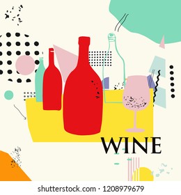 Wine and cocktails colorful background flat vector illustration. Party flyer, wine tasting event, wine festival and celebrations poster design for brochure, invitation card, menu, promotion banner
