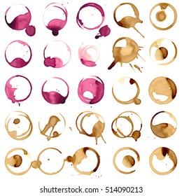 Wine and coffee stain spots splashes cup vector isolated on white background. Dirty splashes like brush stroke colorful