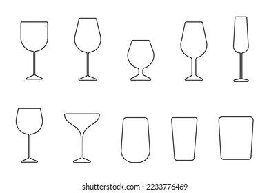 Wine and cognac glasses set, a collection of isolated icons, outline icon on a white background. Vector illustration.