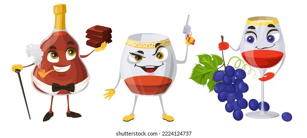 Wine and cognac kawaii character flat vector. Cartoon funny drink character for comic restaurant menu. Humor face of alcohol beverage isolated on white background