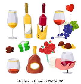 Wine and cognac vector. Drink bar cartoon set. Glass bottle, wineglass and sweet snack isolated on white background. Alcohol beverage for romantic dating, party celebration and holiday greeting