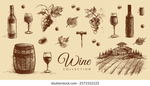 Wine collection: bottle of wine, glasses, grapes with leaves, wine corks, barrel of wine, landscape with grape valley. Vintage brown and beige graphics, hand-drawn, vector. Old design.