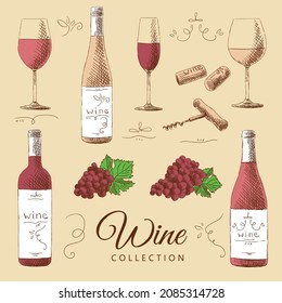 Colección de vino: botellas de vino, copas, uvas con hojas, corchos de vino y corcho, dibujadas a mano.	
