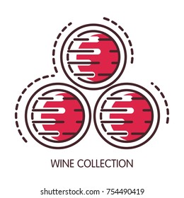 Wine collection conserved in wooden barrels commercial poster. Alcohol drink inside ancient container made of natural material isolated minimalistic outline vector illustration on white background.