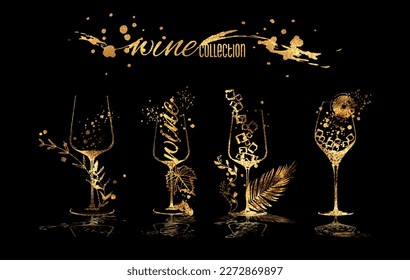 Colección de vinos - copas de vino y botellas. Elementos dibujados a mano para tarjetas de invitación, banners publicitarios, menús en estilo dorado. Gafas de vino con vino que salpica. Esbozar ilustración vectorial.