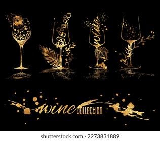 Wine collection - wine glasses and bottles. Hand drawn elements for invitation cards, advertising banners, menus in gold style. Wine glasses with splashing wine. Sketch vector illustration.