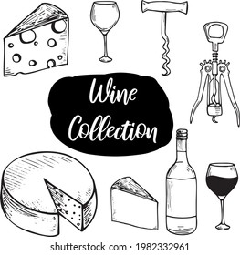 Wine collection hand drawn doodle icons. Bottle of wine, corkscrew, cheese, etc.