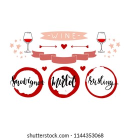 Wine collection. Handdrawn modern  set decorative elements: ribbons, glasses, arrows, stars, stamps, sort of wine names. For logo, banner, print, cover, menu