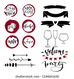 Wine collection. Handdrawn modern  set words and decorative elements: ribbons, glasses, arrows, stamps. For logo, banner, print, cover, menu