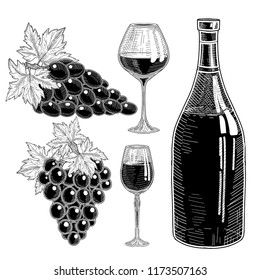 Wine collection: set of wine bottle, bunches of grapes and glass.