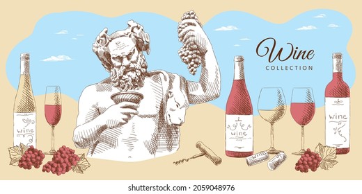 Wine collection: statue of Dionysus, bottles of wine, glasses, grapes with leaves, wine corks and corkscrew, hand-drawn.