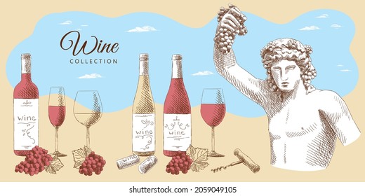 Colección de vino: estatua de Dionisio, botellas de vino, copas, uvas con hojas, corchos de vino y corcho, dibujados a mano.