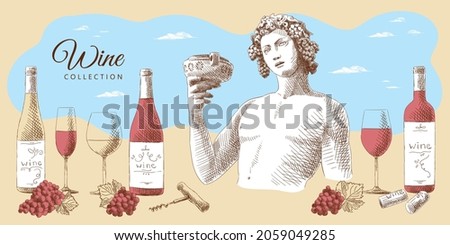 Wine collection: statue of Dionysus, bottles of wine, glasses, grapes with leaves, wine corks and corkscrew, hand-drawn.