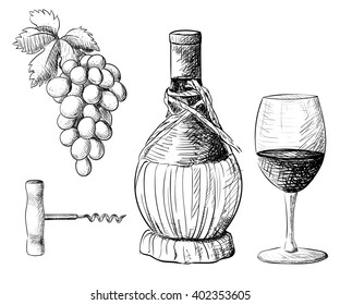 Wine collection. Vector illustration with wine barrel, wine glass, grapes,Hand draw vector.