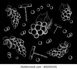Wine collection. Vector illustration with wine barrel, wine glass, grapes,Hand draw vector.