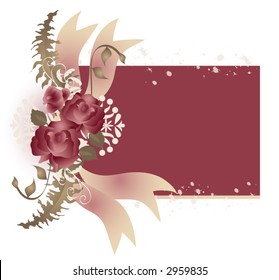 Wine colored roses and fern surround a wine colored background.
