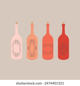 Wine in colorful bottle and glass. Alcohol drink in wineglass, goblet. Flat vector illustration isolated on light background