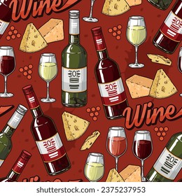 Wine colorful vintage pattern seamless with bottles and wineglasses near cheese for restaurant design with alcohol menu vector illustration