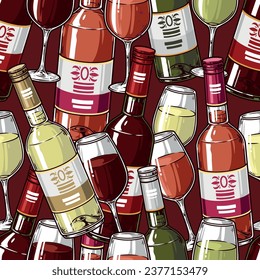 Wine colorful vintage pattern seamless with bottles and glasses filled with white and red or pink alcoholic drink vector illustration